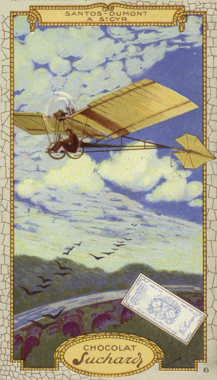 Alberto Santos-Dumont in St Cyr, Frankrijk (chromolitho) door European School
