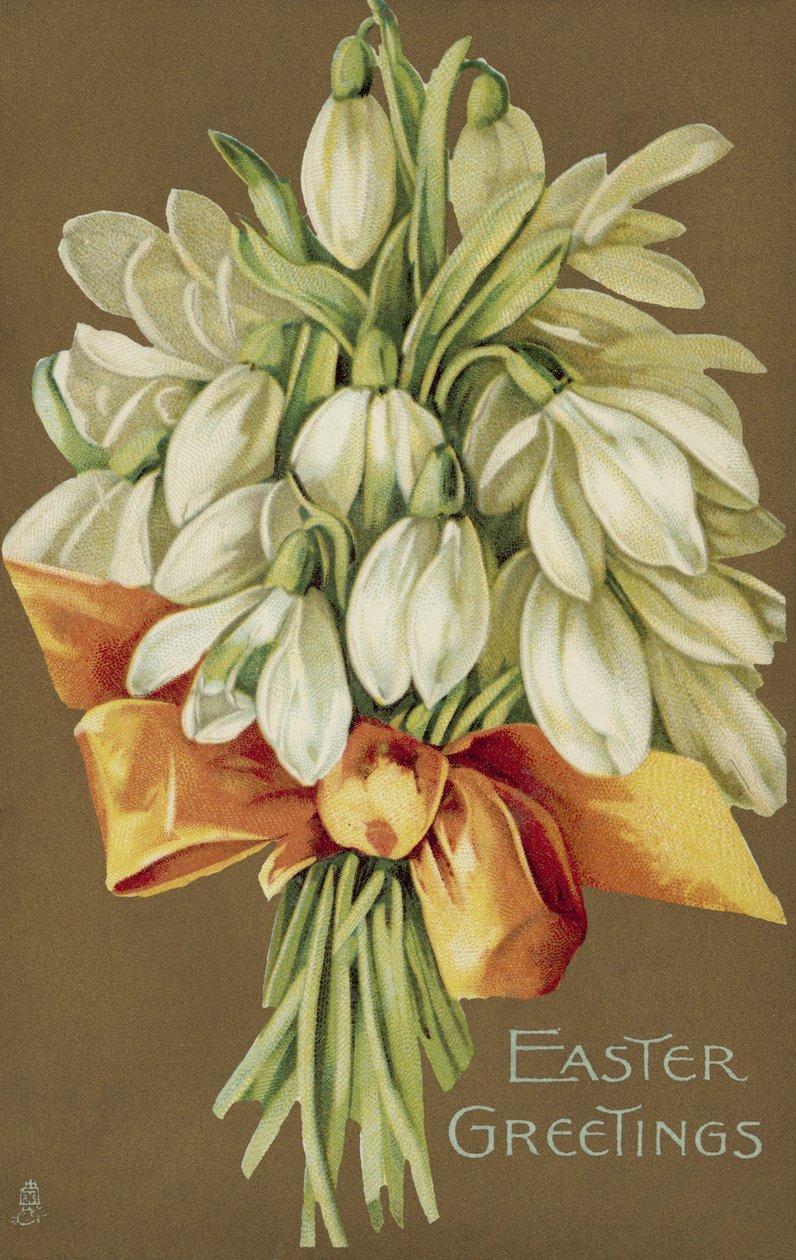 Bosje sneeuwklokjes, paasgroet (kleurenlitho) door European School