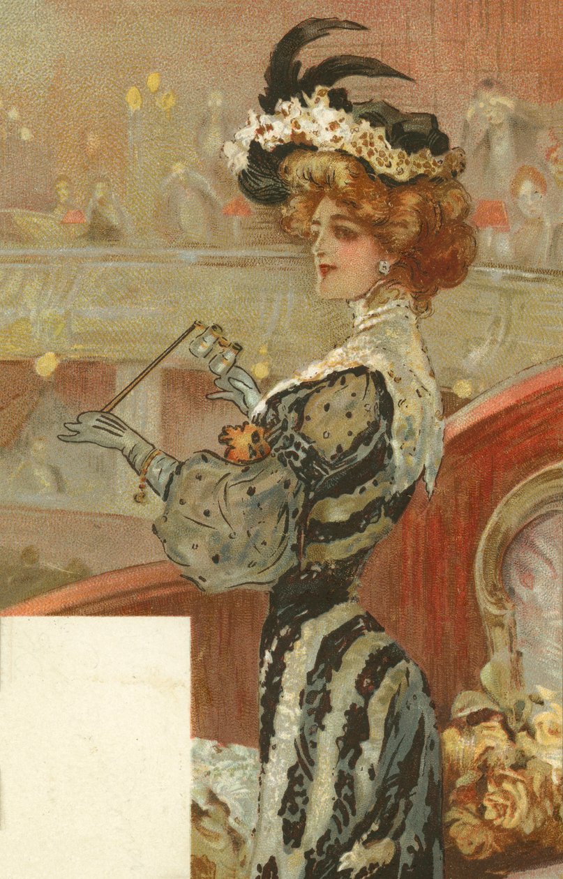 Elegante vrouw in het theater (kleurenlitho) door European School