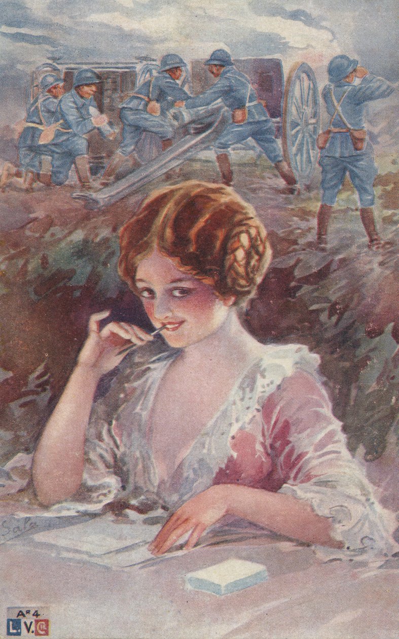 Meisje schrijft aan soldaat (kleurenlitho) door European School