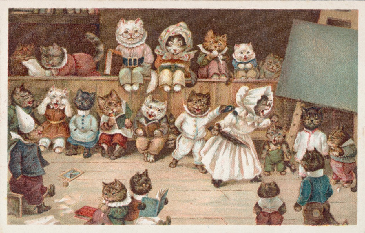 Humoristische kattenpostkaart (kleurenlitho) door European School