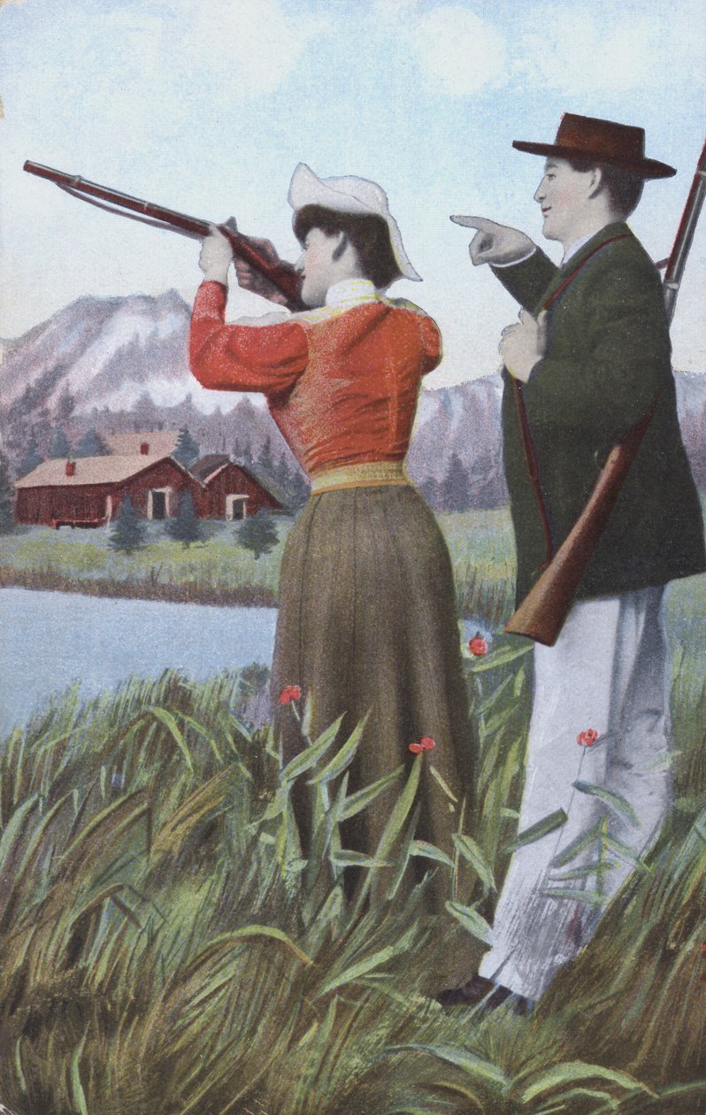 Schietende man en vrouw (kleurenlitho) door European School