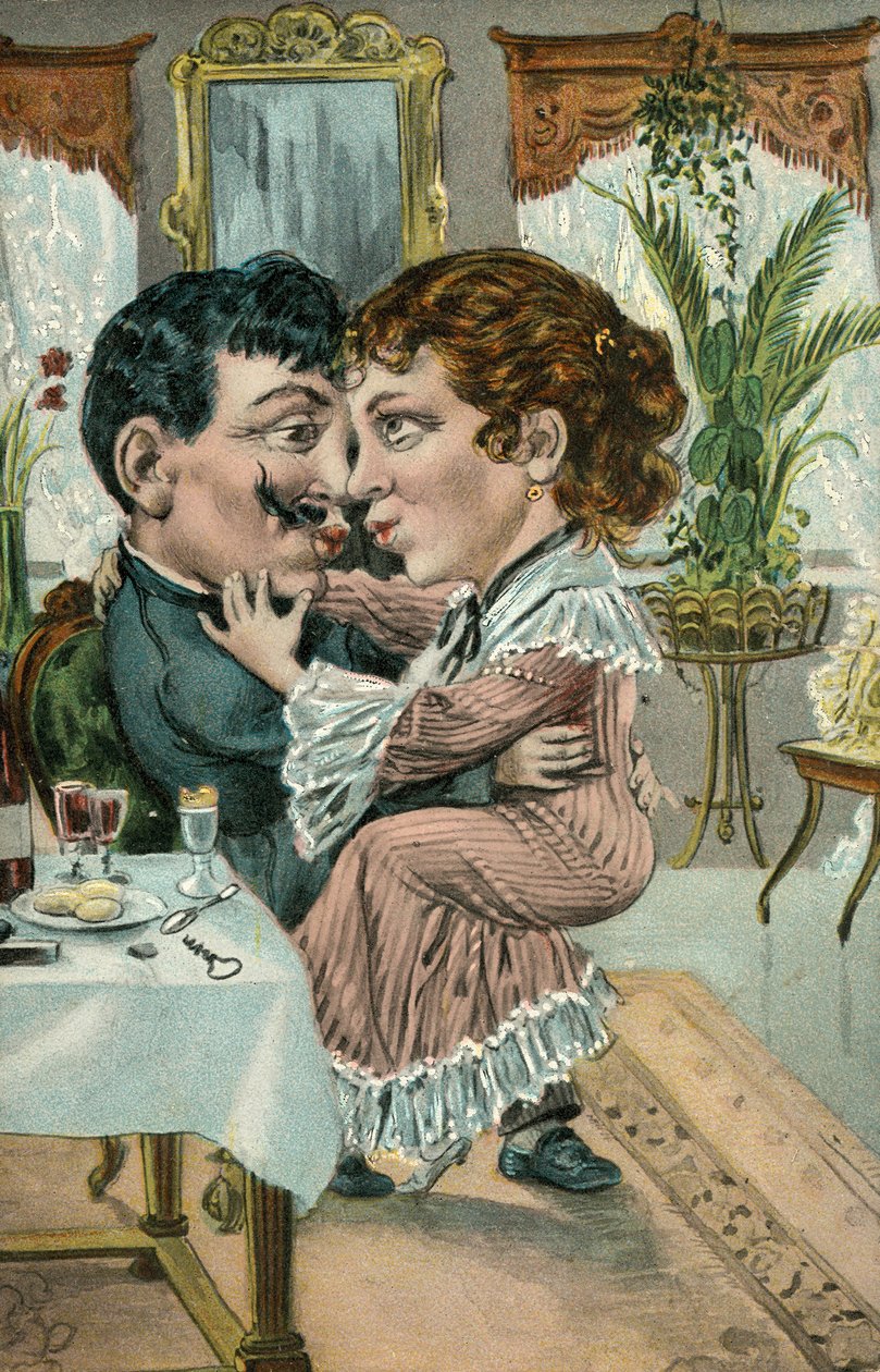 Paar kussende geliefden (kleurenlitho) door European School