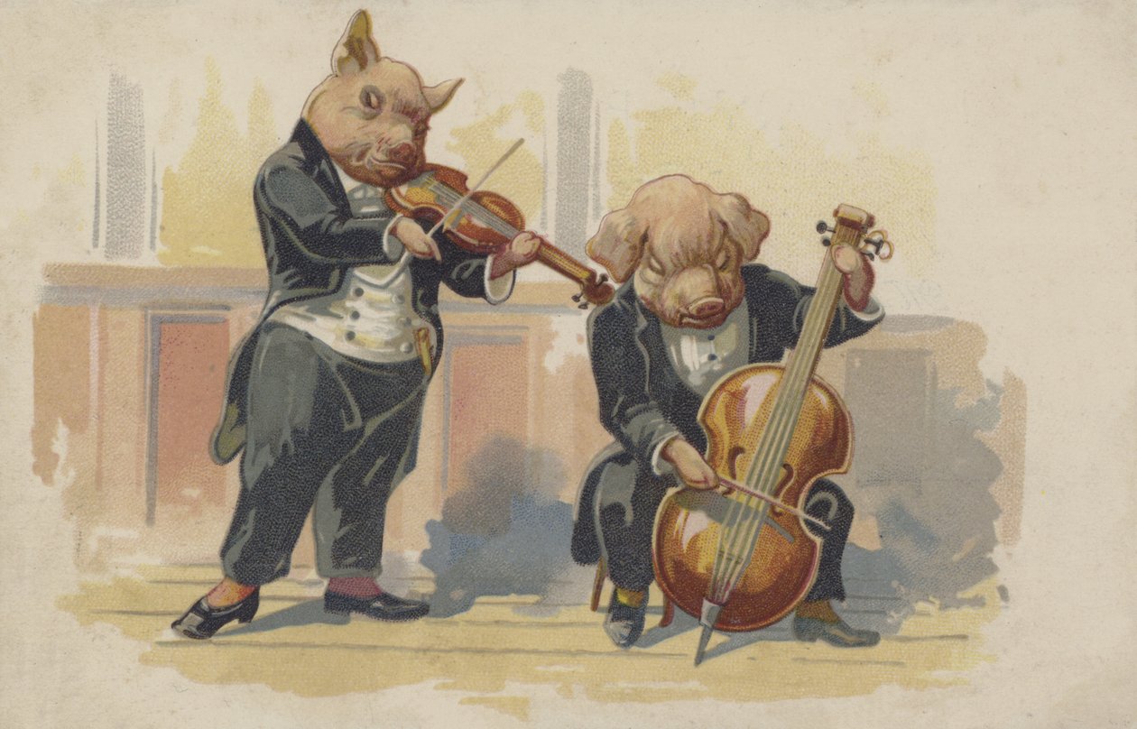 Twee varkens spelen muziekinstrumenten (kleurenlitho) door European School