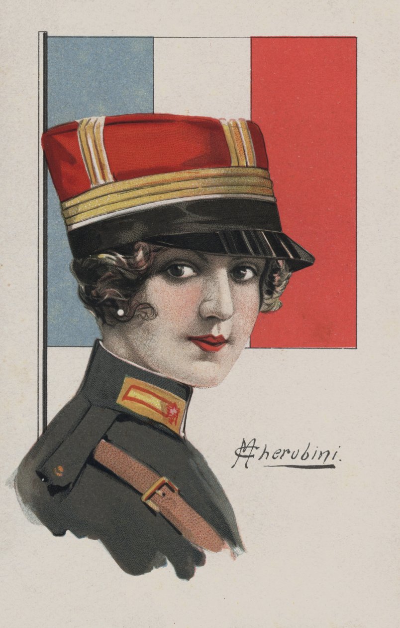 Vrouw in uniform, Frankrijk (kleurenlitho) door European School