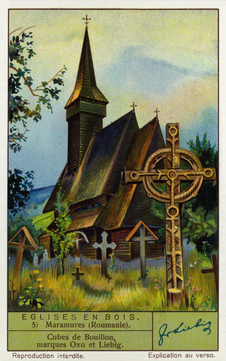 Houten kerk, Maramures, Noord-Roemenië (chromolitho) door European School