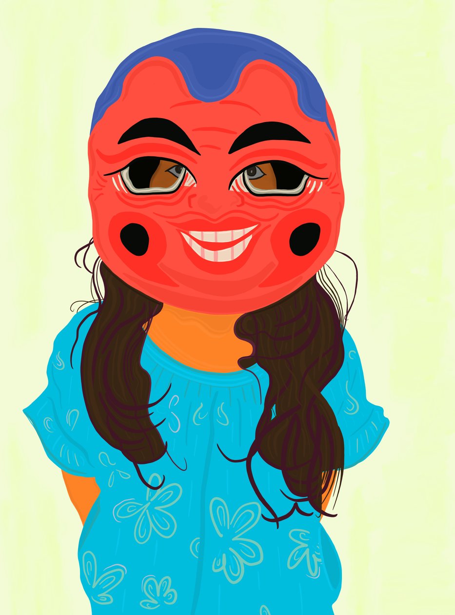 Ava in Vietnamees masker, c.2020-24 (digitale kunst) door Evan Sklar
