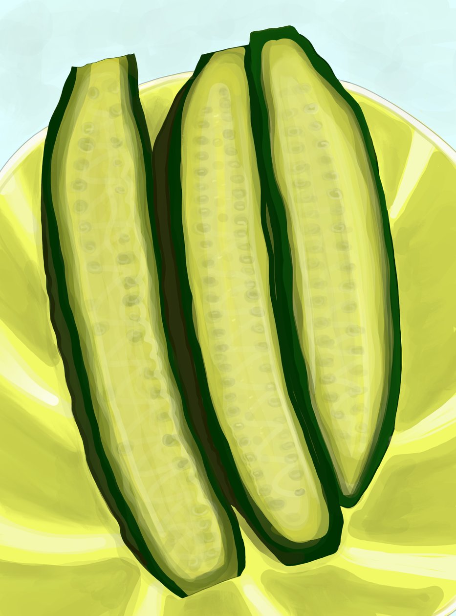 Gesneden komkommers op bord (digitale kunst) door Evan Sklar