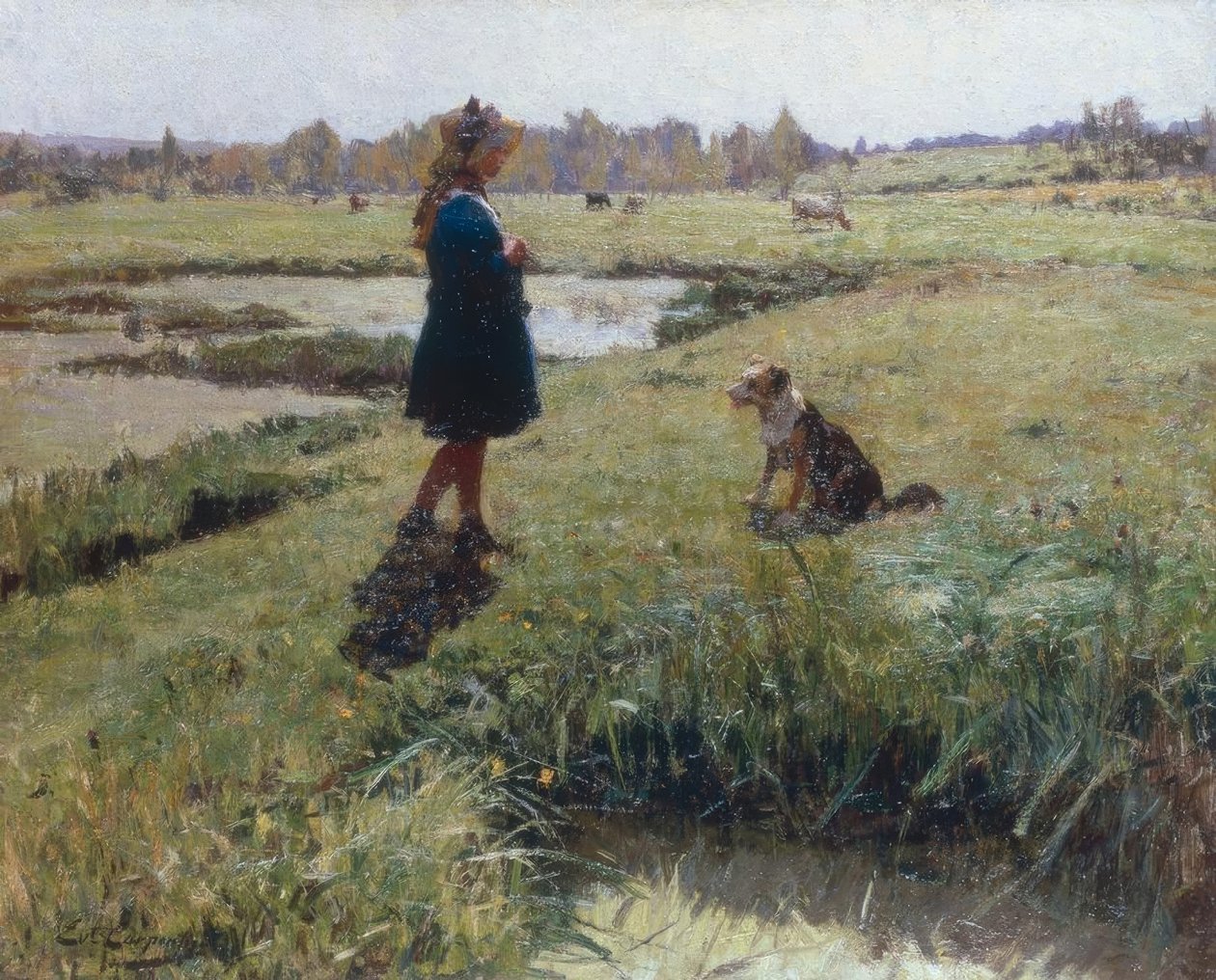 Meisje en haar hond in de weide door Evariste Carpentier