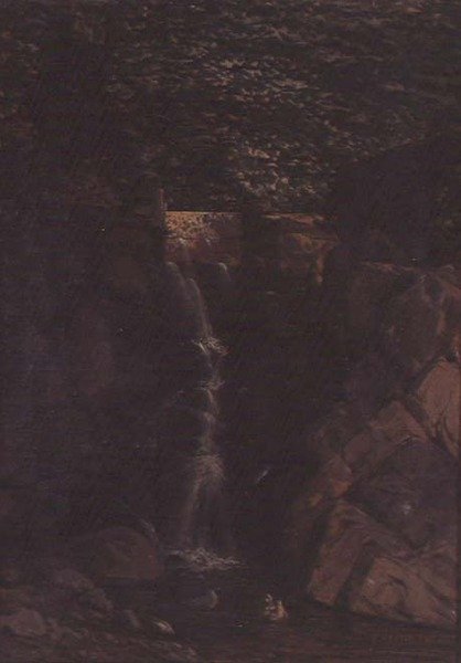 Waterval in een boslandschap door F. Famin