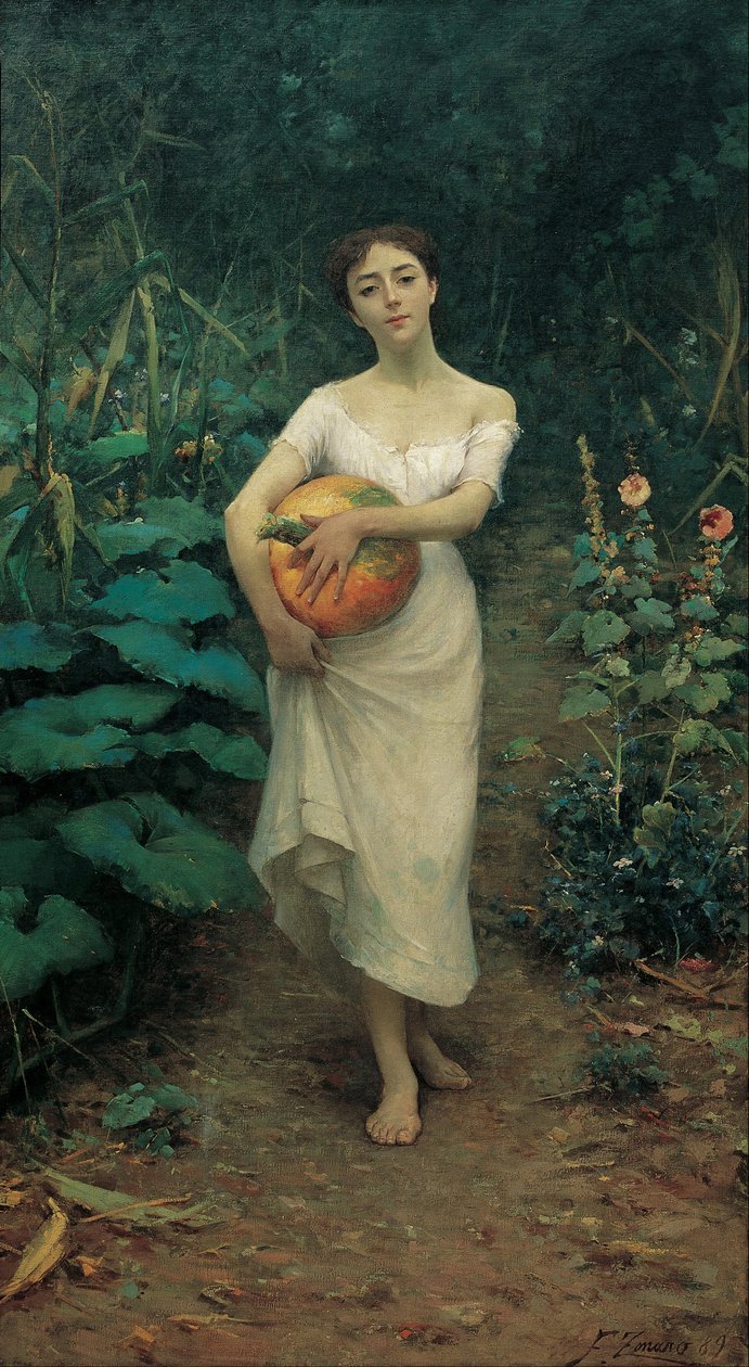 Meisje dat een pompoen draagt door Fausto Zonaro