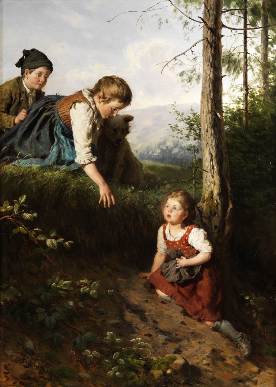 Drie kinderen in het bos bessen plukken door Felix Schlesinger