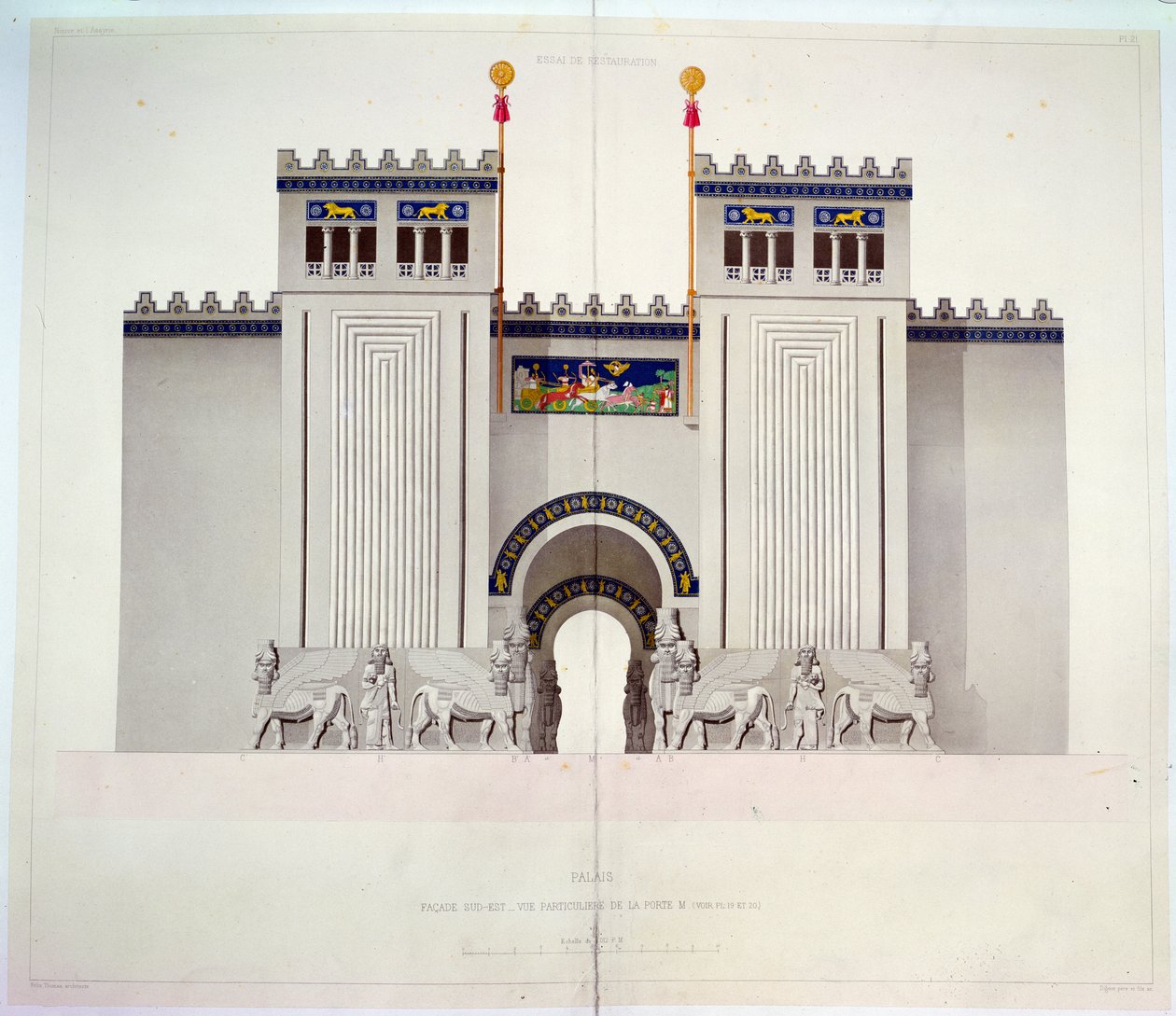 Reconstructie van de ingang van het paleis van Sargon II (721-705 v.Chr.) in Khorsabad, Irak, 1867 door Felix Thomas
