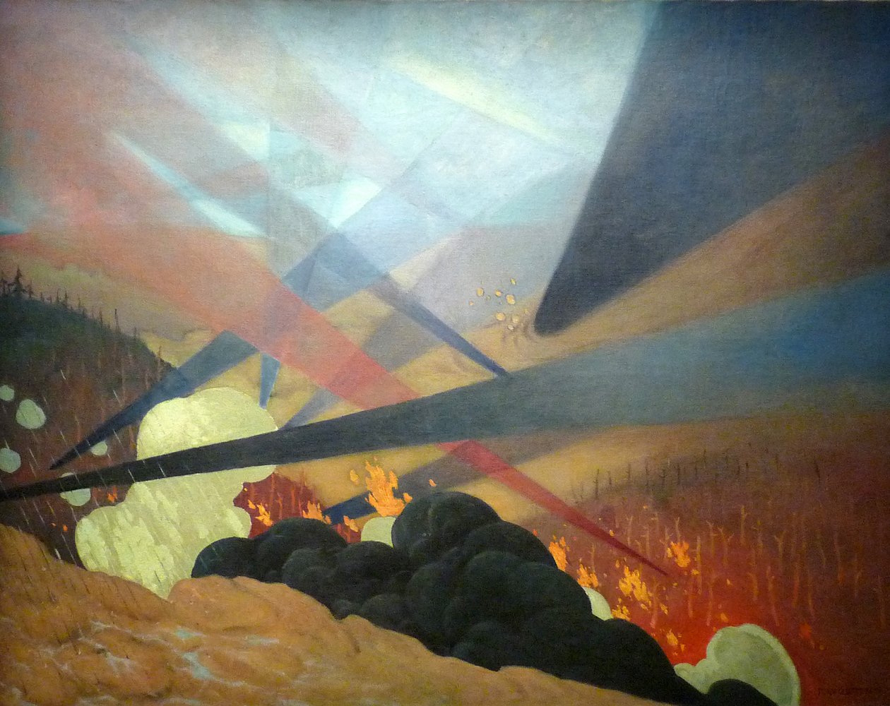 Verdun, oorlogsschilderij geïnterpreteerd, gekleurde projecties zwart, blauw en rood, verwoeste terreinen, gaswolken door Felix Edouard Vallotton