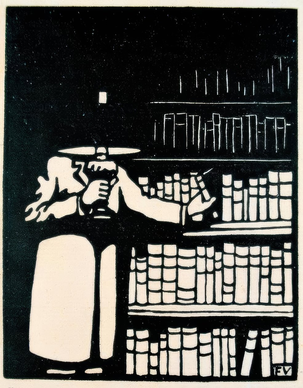 Boekenliefhebber met lamp in zijn bibliotheek door Felix Edouard Vallotton