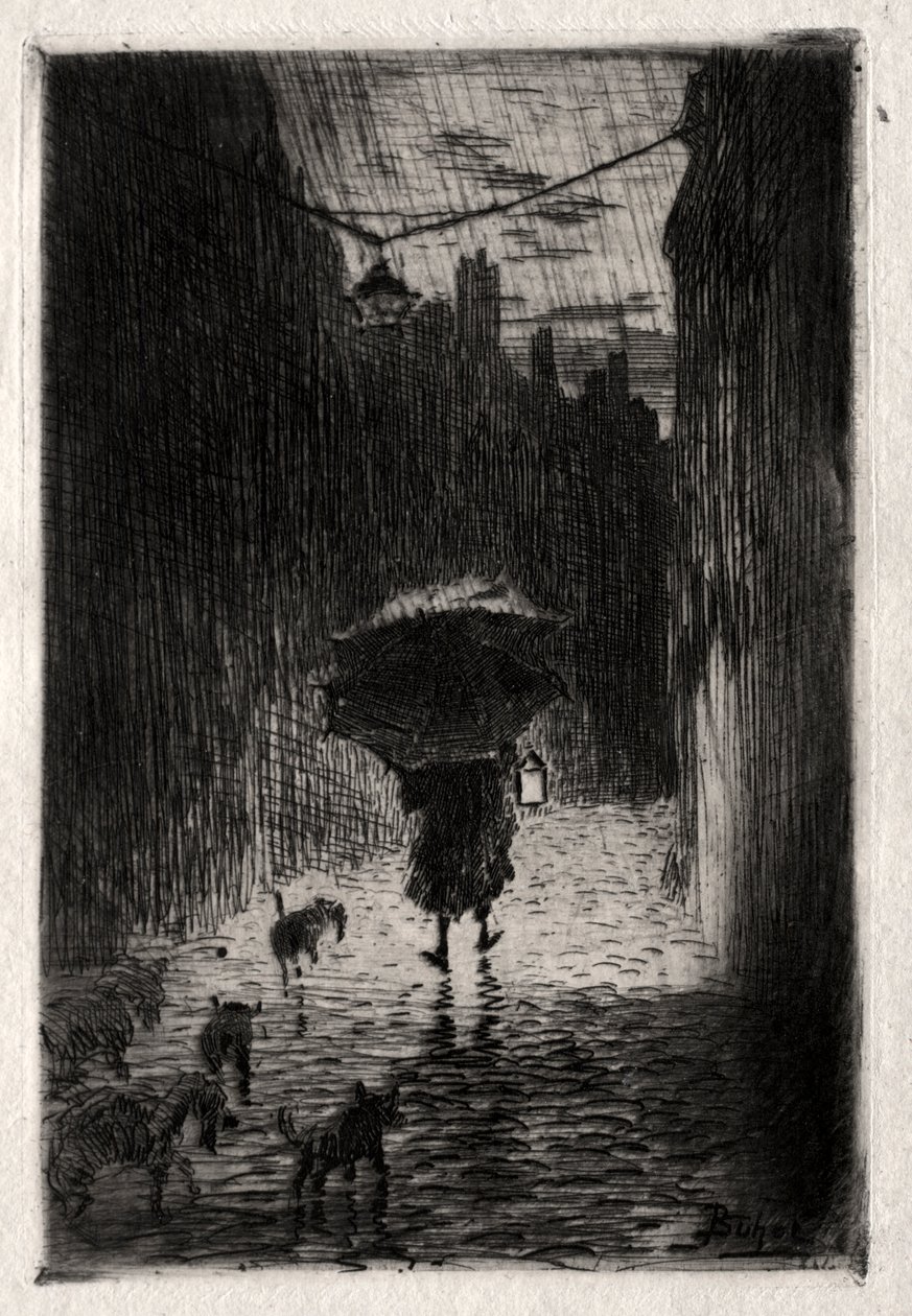 Regen en paraplu door Felix Hilaire Buhot