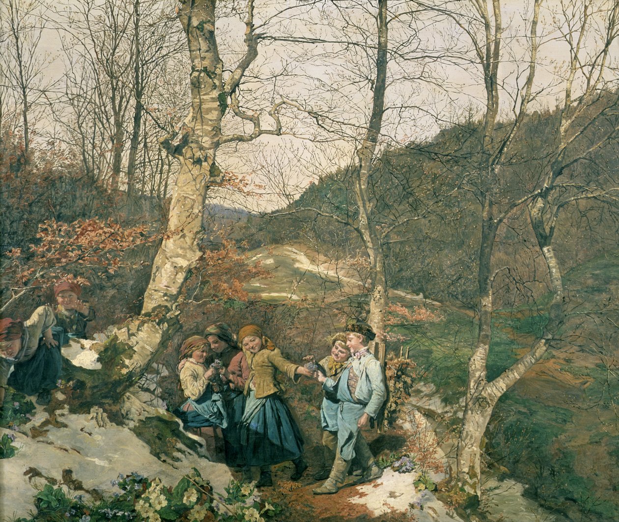Vroege Lente in het Wienerwald (De Viooltjesplukkers) door Ferdinand Georg Waldmuller