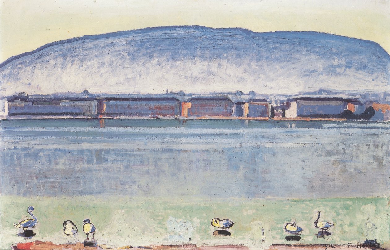 Meer van Genève met zes zwanen door Ferdinand Hodler