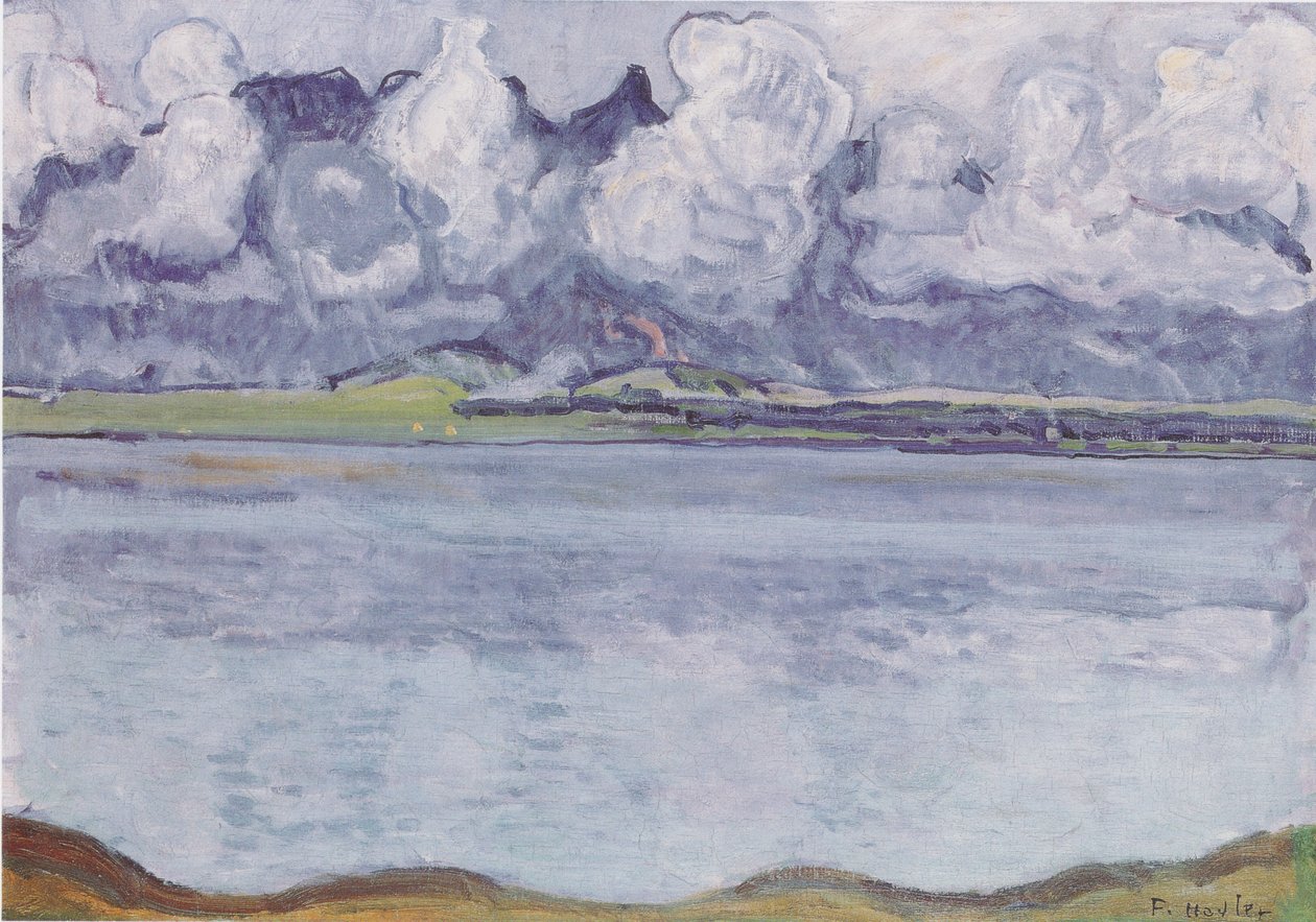 Meer van Thun met Stockhornketen in wolken door Ferdinand Hodler