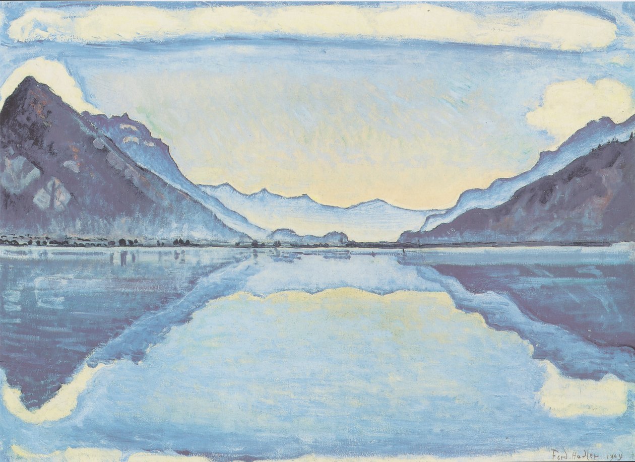 Meer van Thun met symmetrische weerspiegeling door Ferdinand Hodler