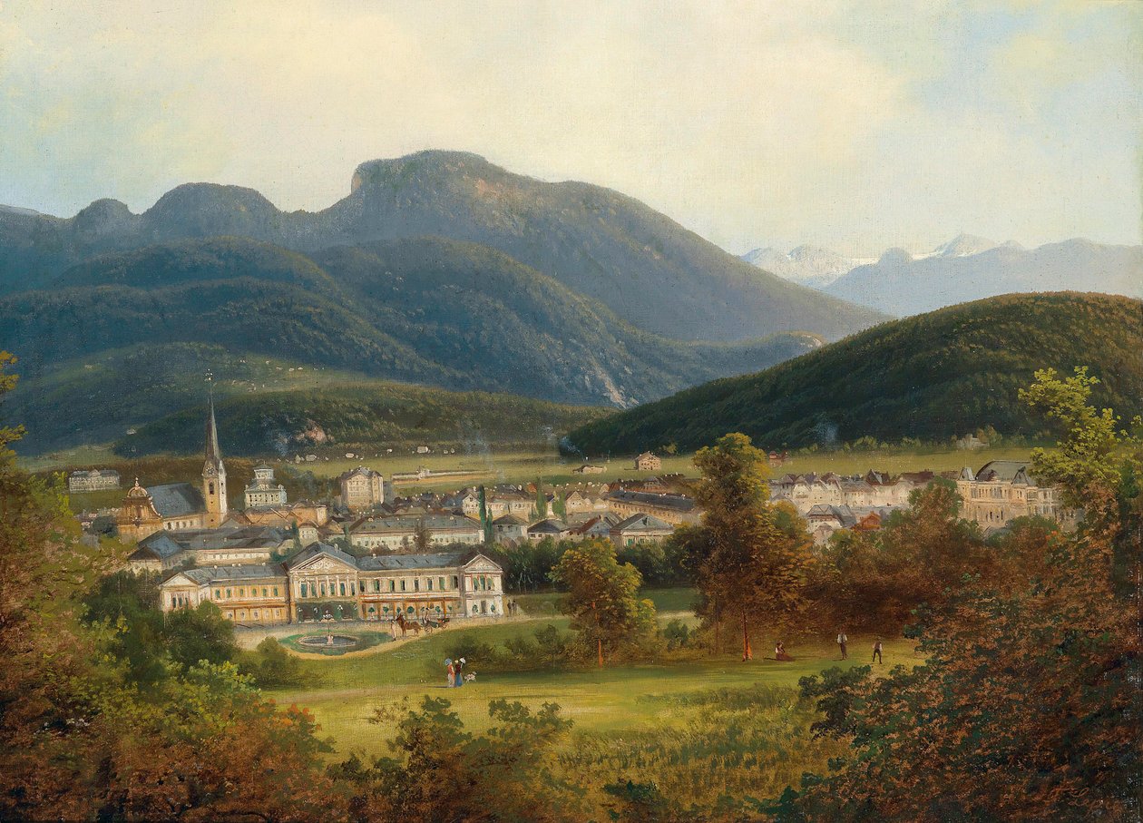 Uitzicht op Ischl en de Kaiservilla, op de achtergrond de Dachstein door Ferdinand Lepie