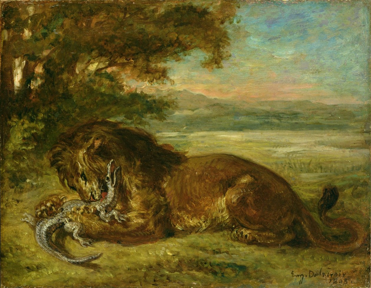Leeuw en alligator door Ferdinand Victor Eugene Delacroix