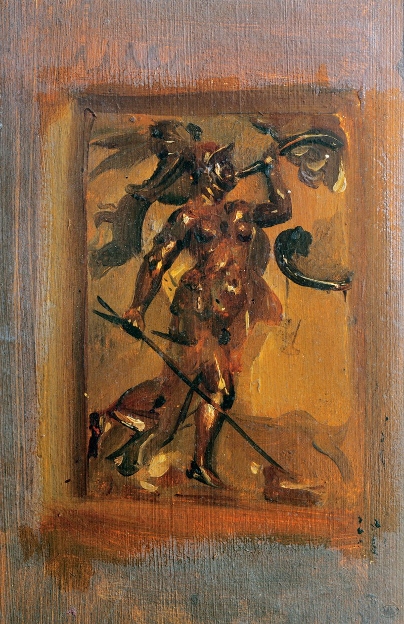 Man in harnas die op een hoorn blaast door Ferdinand Victor Eugene Delacroix