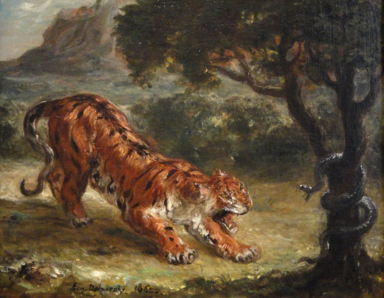 Tijger en slang door Ferdinand Victor Eugene Delacroix