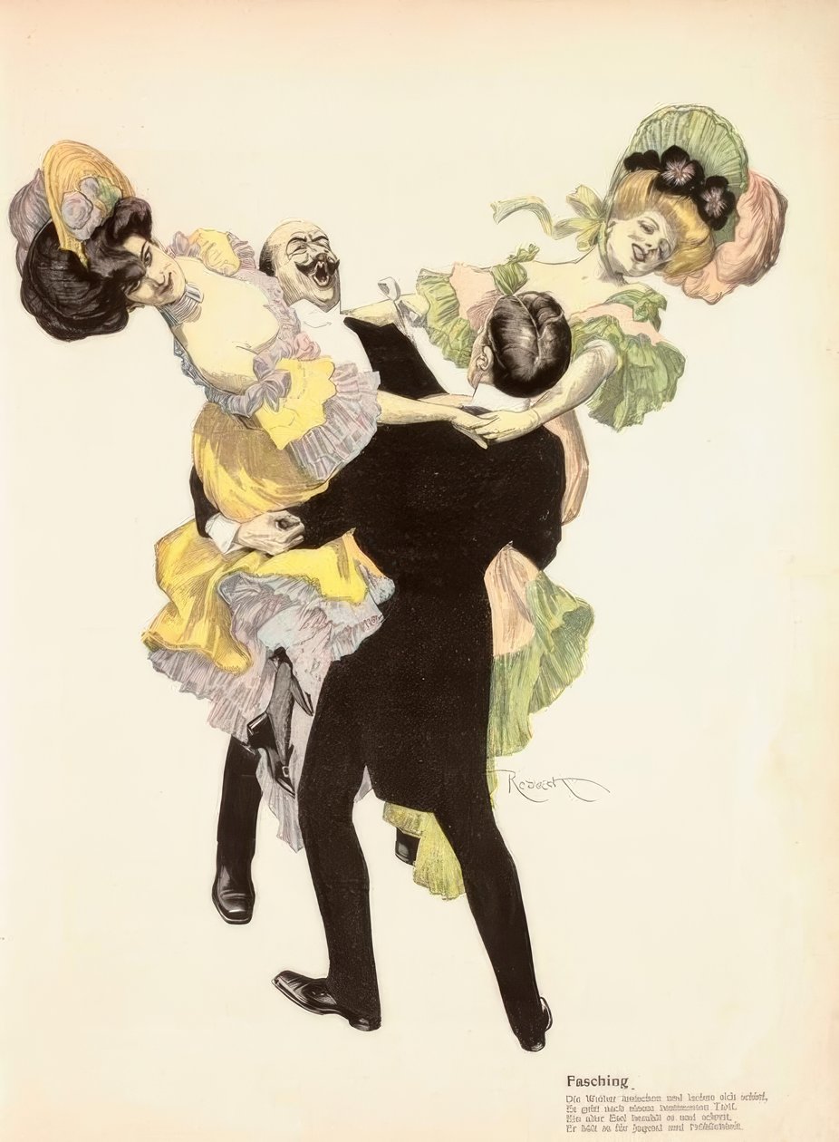 Carnaval. / (...) Een oude ezel betaalt het en schreeuwt, / Hij houdt het voor jeugd en vrolijkheid. door Ferdinand von Reznicek