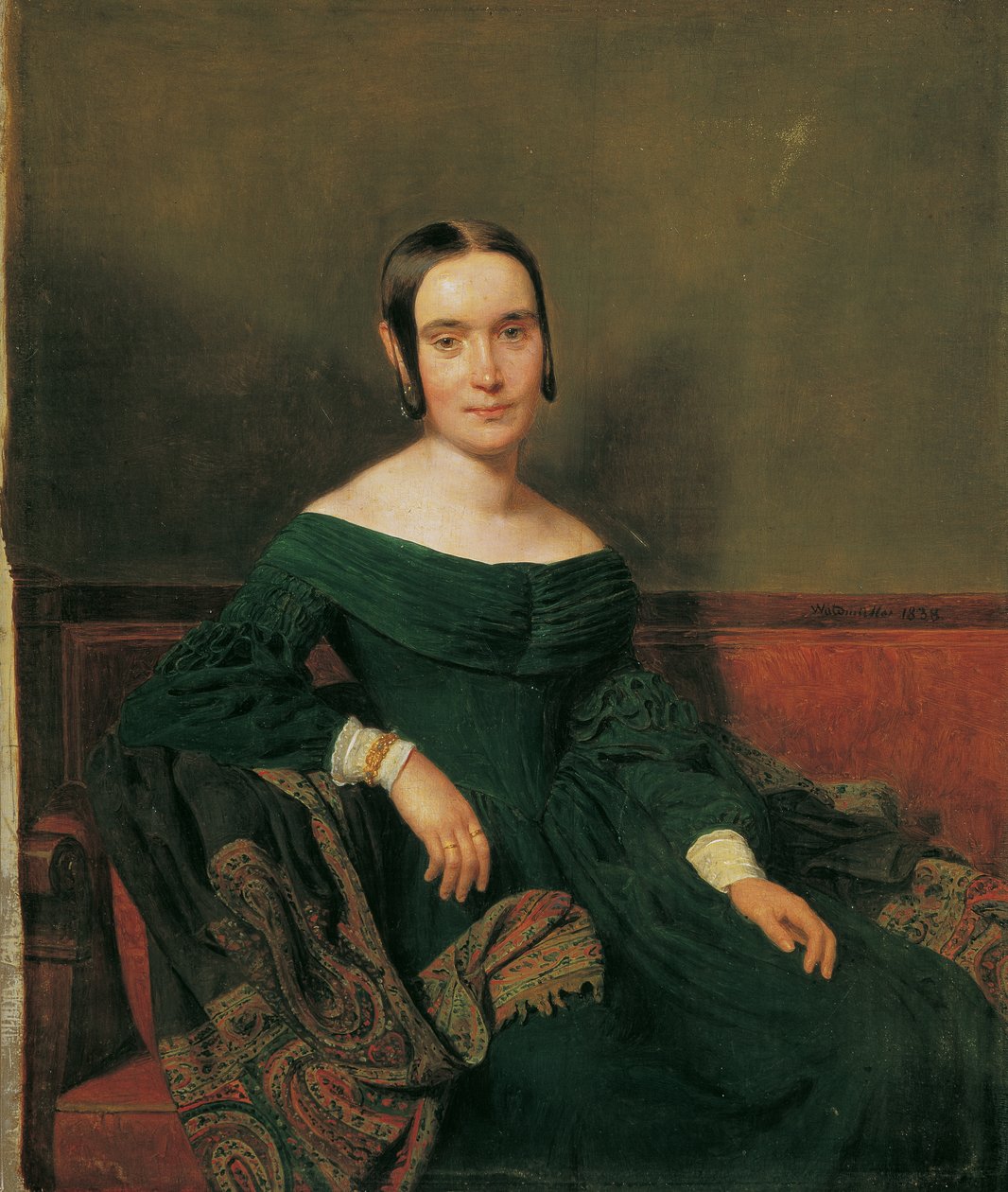 Dame in cinnabergroen kleed door Ferdinand Georg Waldmuller