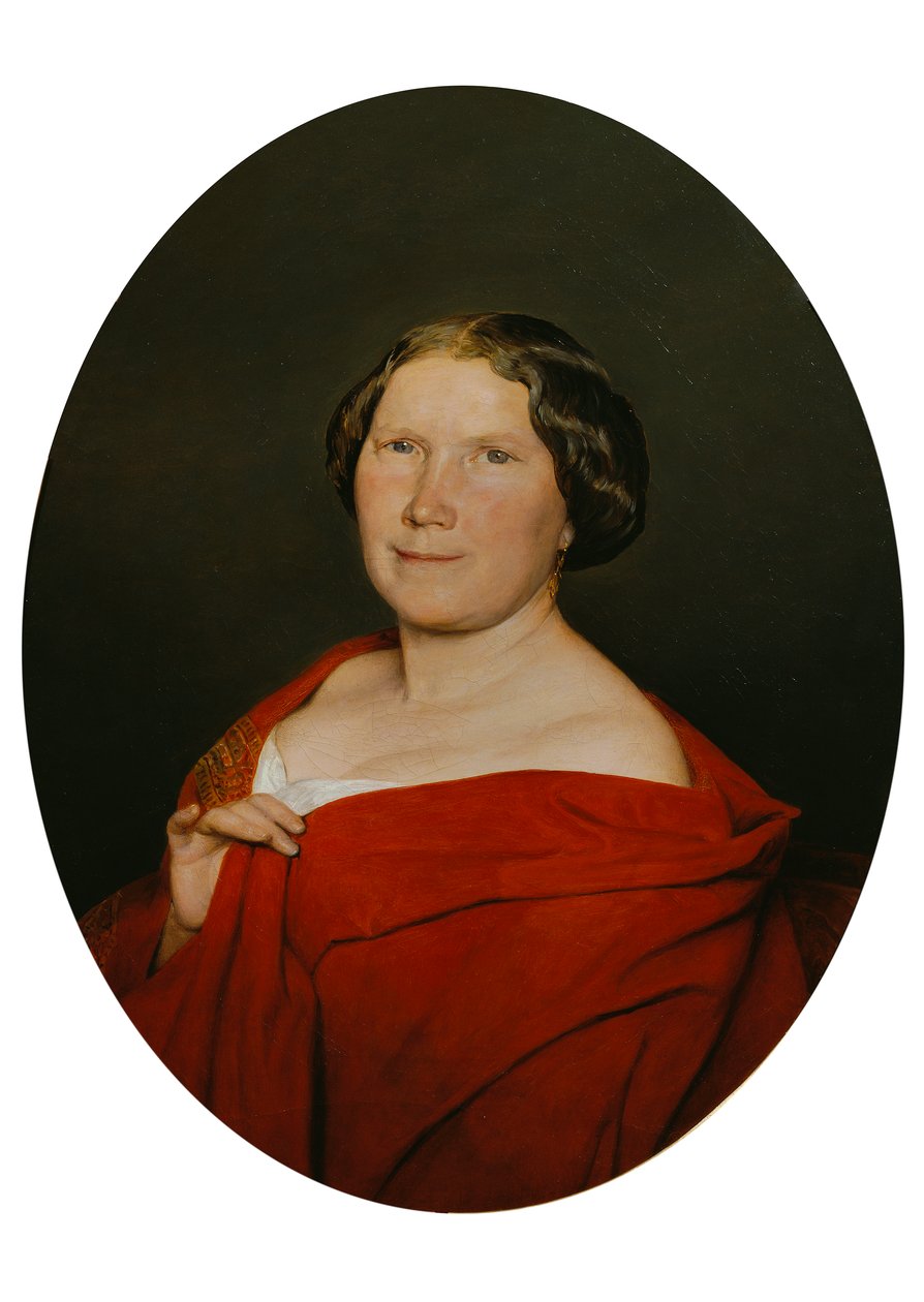 Vrouw met zalmroze mantel door Ferdinand Georg Waldmuller
