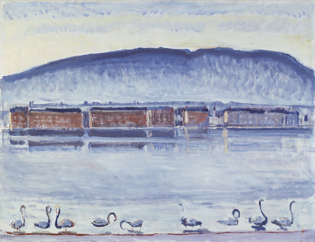 Meer van Genève met Mont Salève en zwanen door Ferdinand Hodler