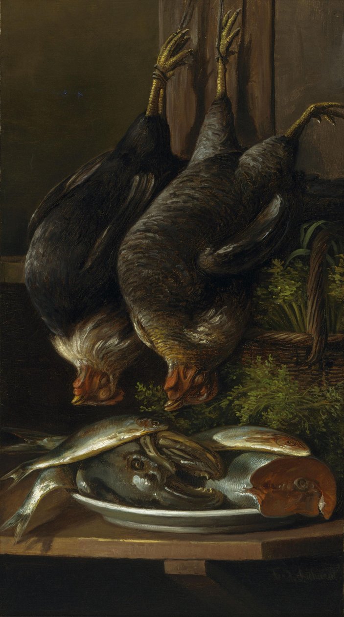 Stilleven met kippen en vissen door Ferdinand Richardt