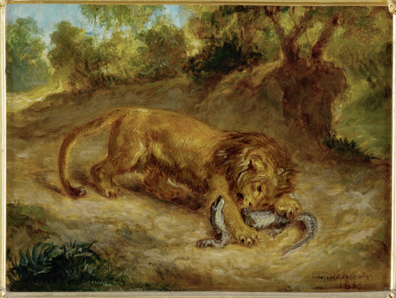 Leeuw en kaaiman ... door Ferdinand Victor Eugene Delacroix