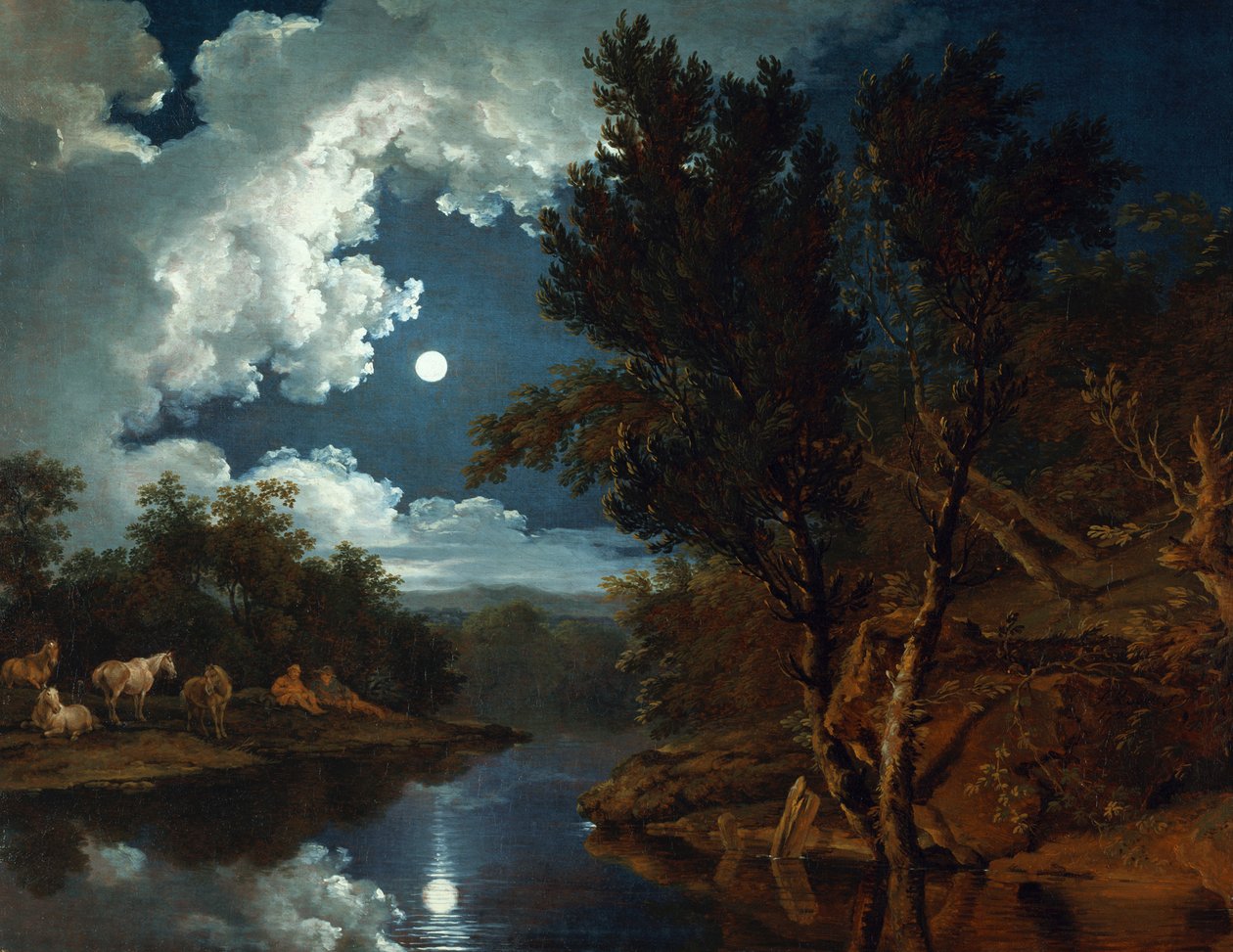 Rivierlandschap bij maanlicht door Ferdinand von Kobell