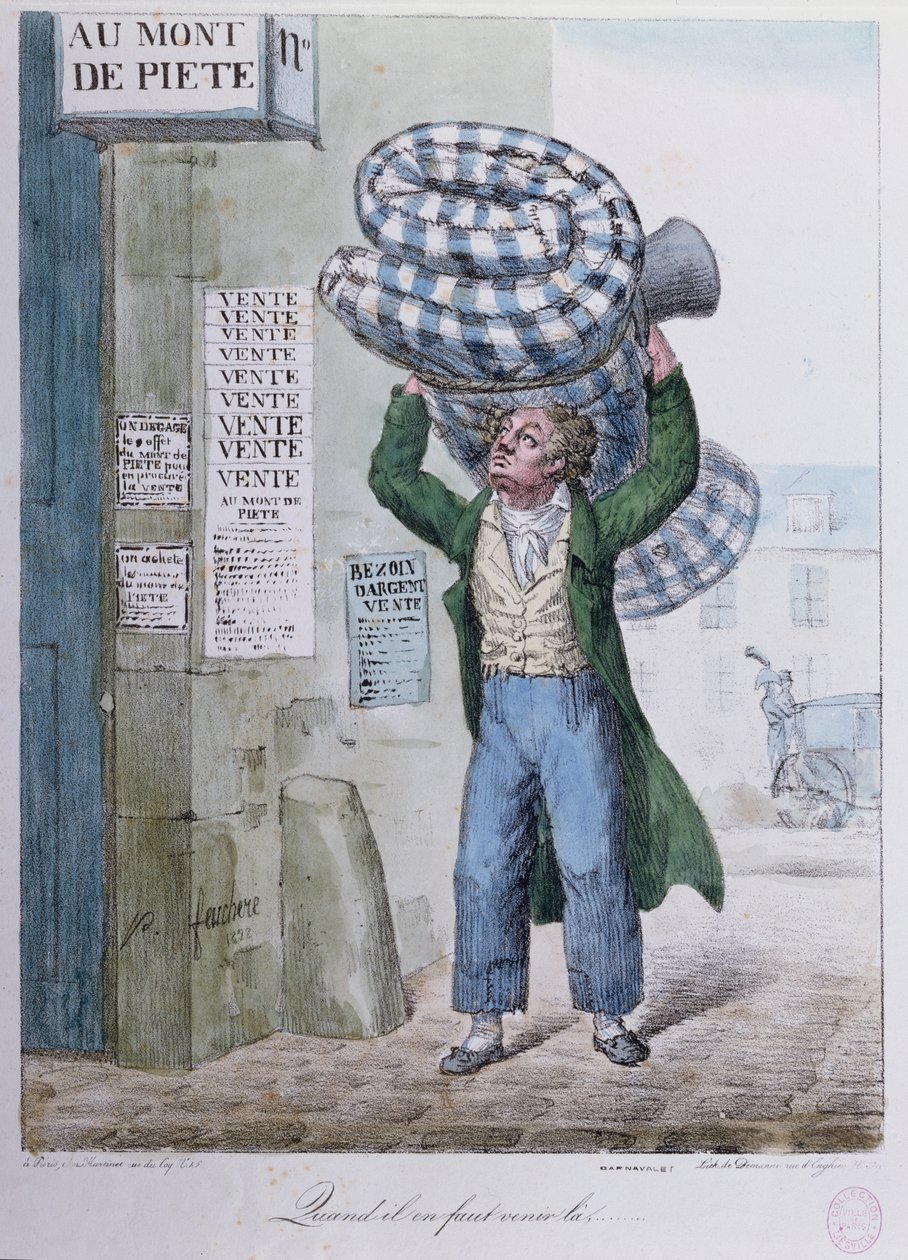 Wanneer men moet gaan..., karikatuur van een bezoek aan de Mont de Piété pandjeshuis, 1822 door Jean Jacques Feuchere