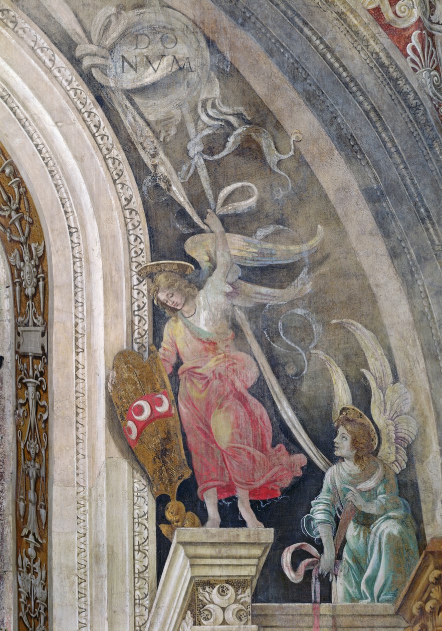 Twee engelen, detail van de rechterkant van de oostmuur in de Strozzi-kapel, ca. 1457-1502 door Filippino Lippi