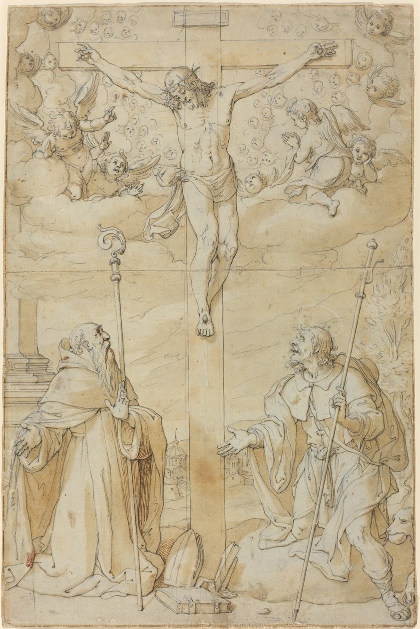De Kruisiging met Heiligen Roch en Augustinus door Filippo Bellini