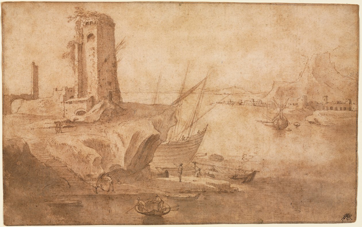 Landschap met toren aan de kust, 1600-1614 door Filippo Napoletano