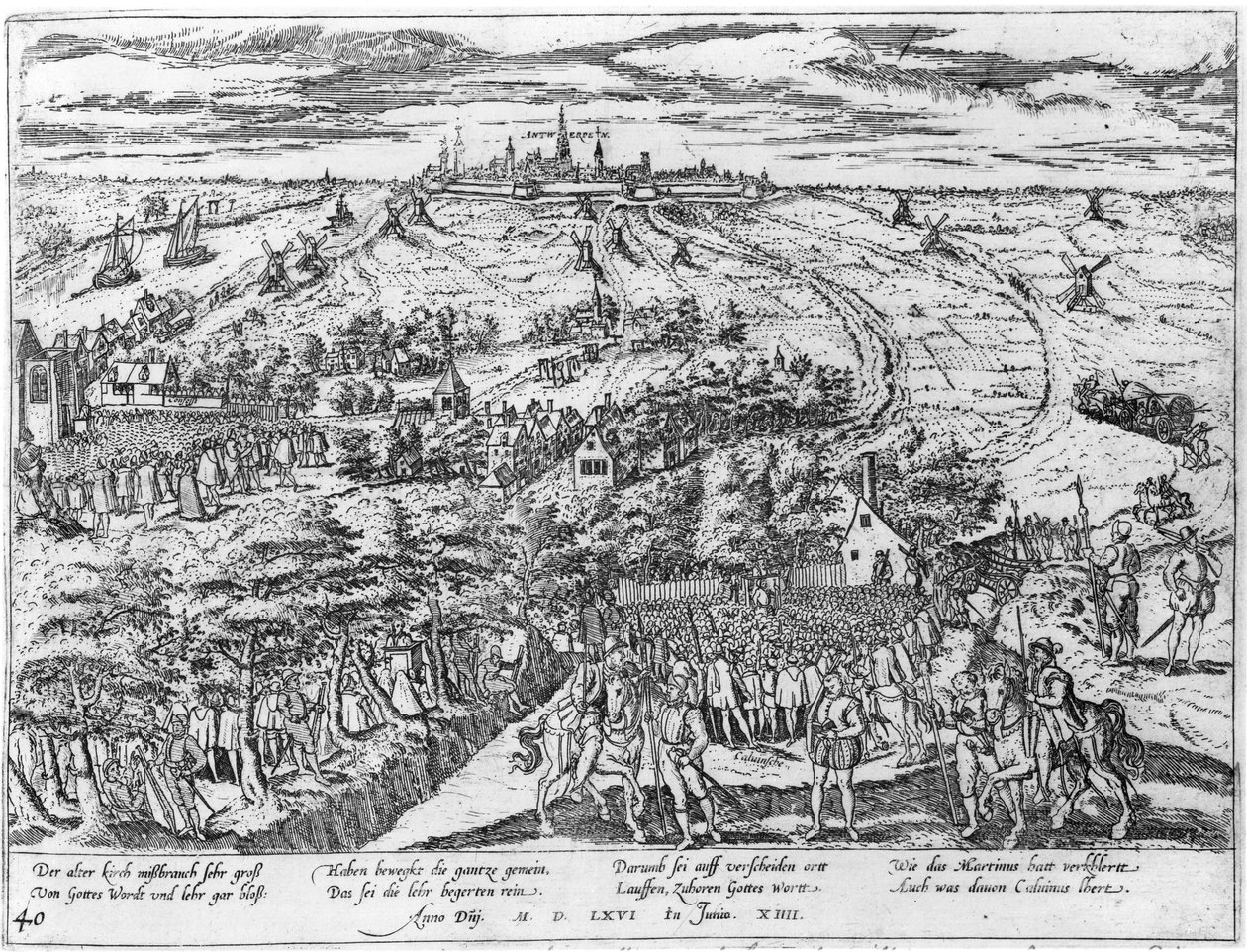 Protestanten die in de open lucht bijeenkomen rond Antwerpen, 1576 door Flemish School