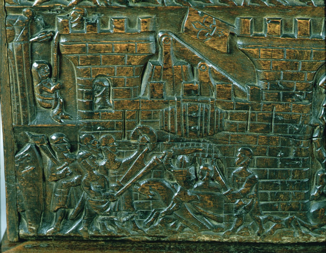 De Courtrai-kist die de aanval van het Courtrai-garnizoen uitbeeldt, tijdens de Slag van de Guldensporen, gevochten in Courtrai in 1302 (detail) door Flemish School