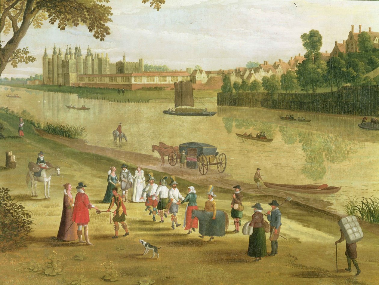 De Theems bij Richmond, met het Oude Koninklijke Paleis, c.1620 (detail) door Flemish School