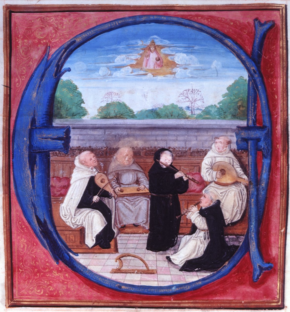 Add.15426 fol.86 Concert van de Vijf Ordes door Flemish School