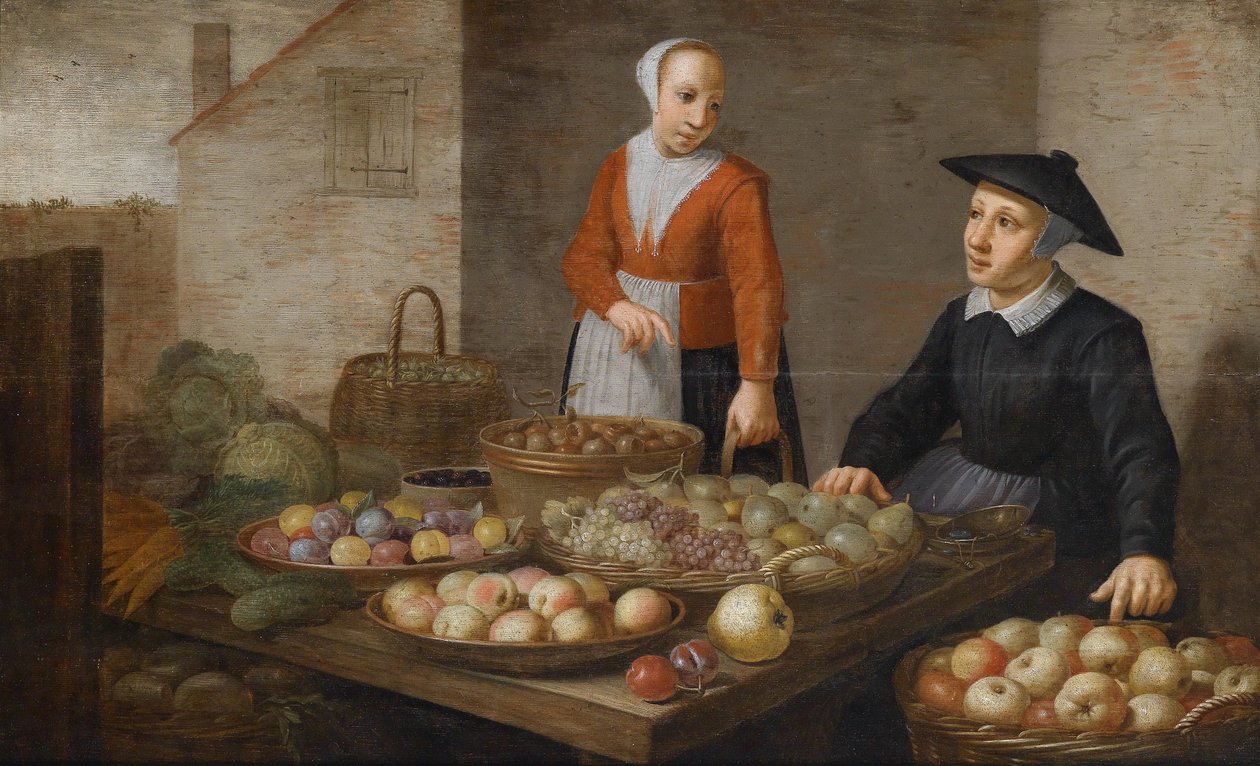 Marktscène met twee fruit- en groenteverkoopsters door Follower of Floris van Schooten
