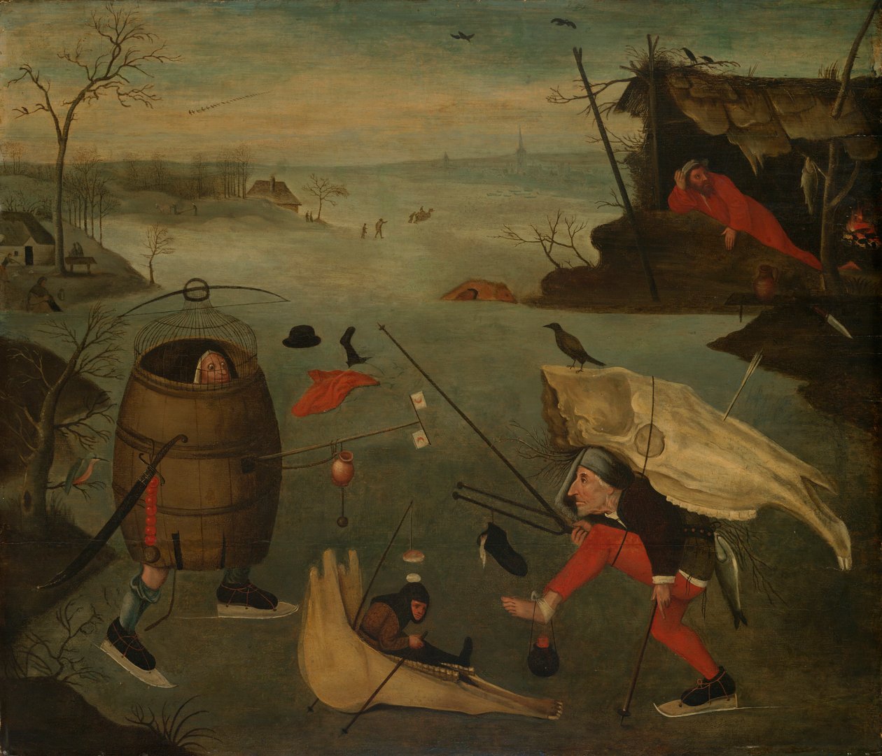 Grotesk duel op het ijs door Follower of Hieronymus Bosch