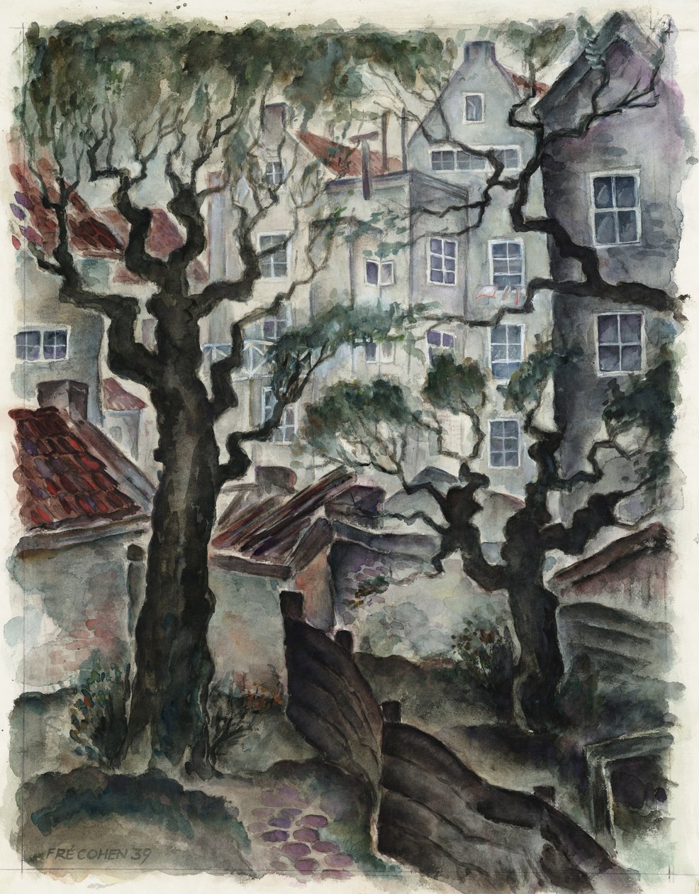 Fré Cohen 1939 tekening Nieuwe Herengracht Achterzijde huizen door Fré Cohen