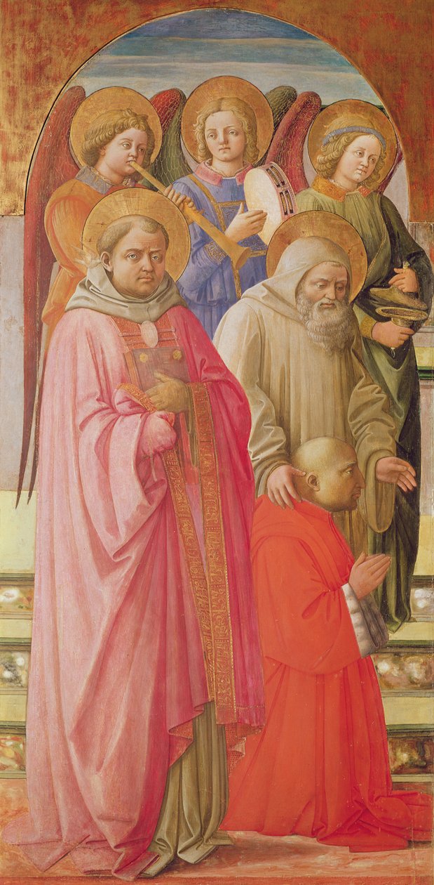 Drieluik met de kroning van de Maagd (linker paneel: heiligen, engel muzikanten en de knielende kardinaal) door Fra Angelico