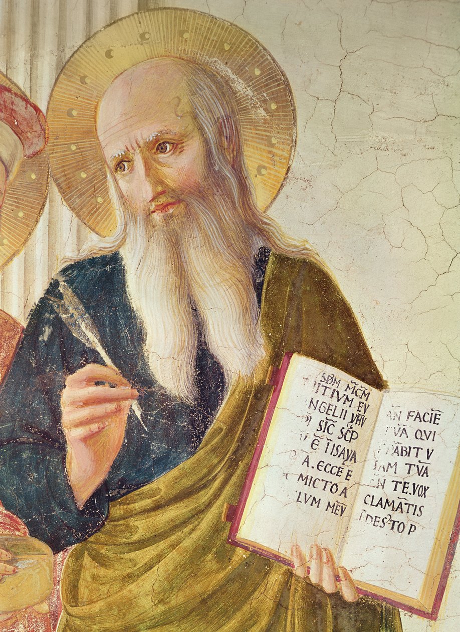 Madonna van de Schaduw of Maagd en Kind tussen Sint Dominicus, Cosmas, Damianus, Marcus, Johannes de Evangelist, Thomas van Aquino, Laurentius en Pierre de martelaar (detail van Sint Marcus) door Fra Angelico