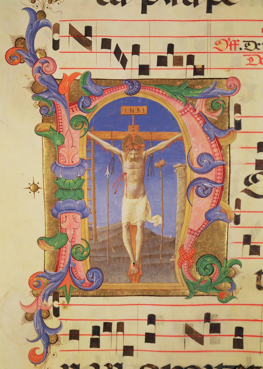 De Kruisiging afgebeeld in een gehistoriseerde initiaal 