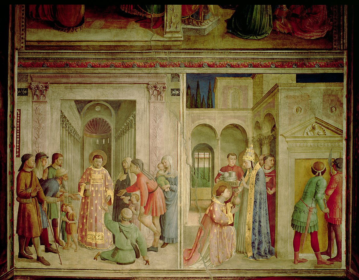 St. Laurentius ontvangt de schatten van de kerk en St. Laurentius deelt aalmoezen uit door Fra Angelico